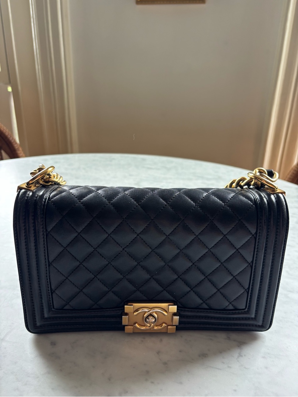 CHANEL Black Quilted Boy Bag with Gold Hardware